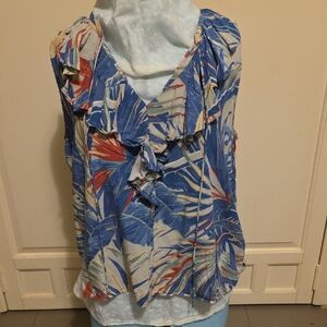 Chaps Blue and Red Leaf Print Ruffle Blouse[2/$15]